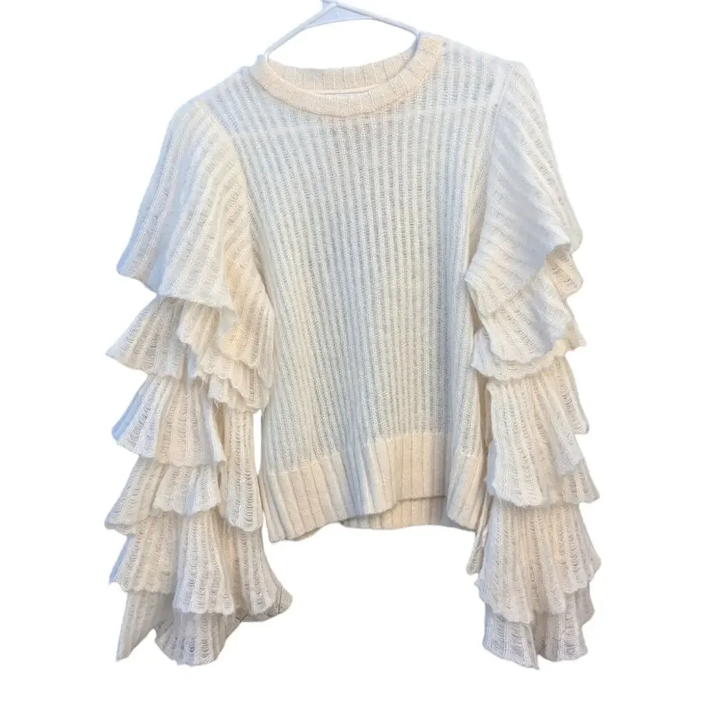 Aje Alpaca Wool Ruffle Sleeve White Sweater XS Designer Statement Knit